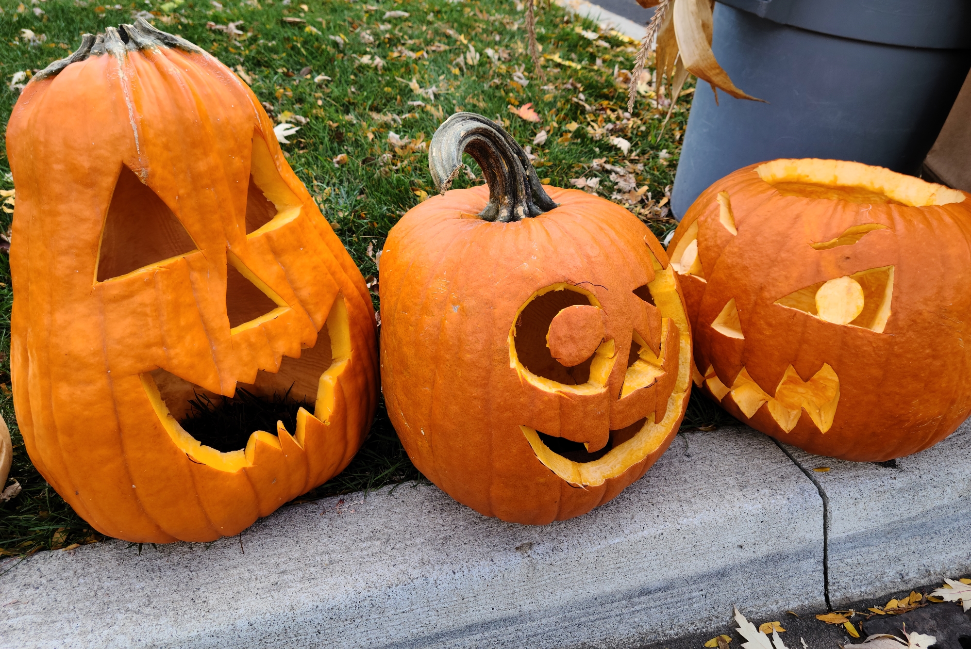 Elaborate carved Halloween pumpkins.